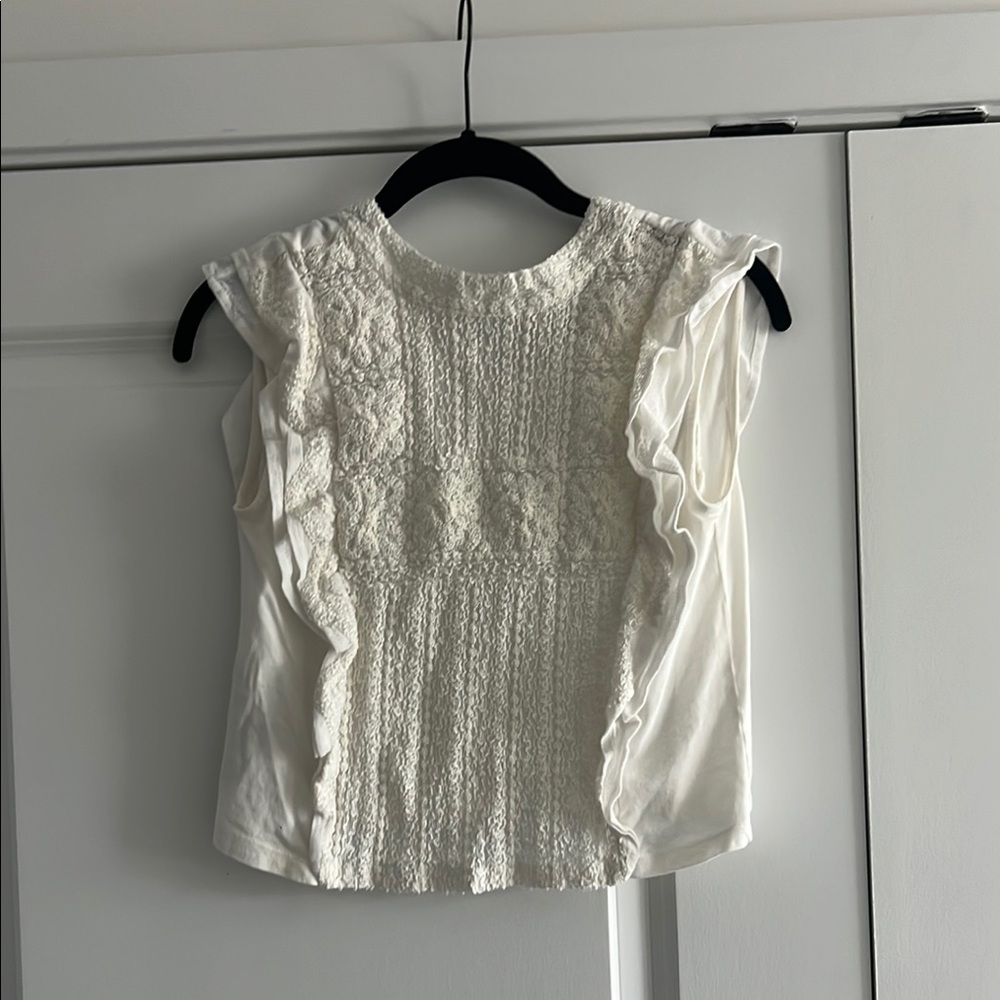 Mango White Ruffle Sleeve Embroidered Front Top